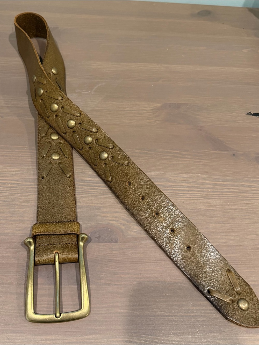Linea Pelle Genuine Leather Belt Taupe Brass Buckle Studs Women’s M